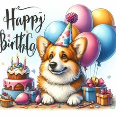 a happy birthday card with a corgi dog surrounded by presents and balloons,