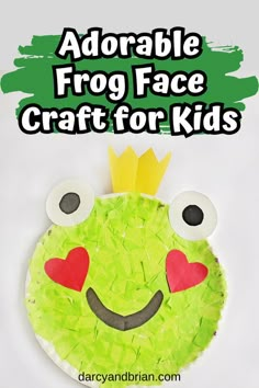 a paper plate with the words adorable frog face craft for kids on it's side