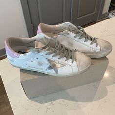 Suede Toe Python Print, Quarter Laminated Star, Leather Heel, White/Silver/Lilac, Size 40, Good Condition, Box And Bag Included! Python Print, White Silver, Leather Heels, Womens Shoes Sneakers, Shoes Sneakers, Lilac, Women Shoes, Sneakers, Heels