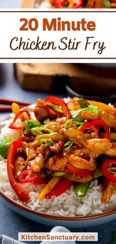 stir fry chicken on top of white rice in a bowl