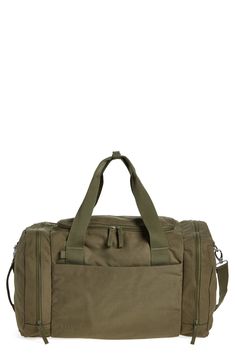 a duffel bag with handles and straps on the side, in olive green color