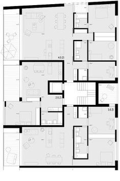 the floor plan for an apartment building with three floors and two levels, including one bedroom