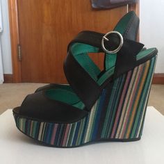 Unlisted By Kenneth Cole. Multicolored Wedge. New Without Tags. Perfect For Spring And Summer! Heel Height- 5in Platform- 1in Multicolor Leather Wedge Heels, Multicolor Platform Wedge Sandals With Round Toe, Kenneth Cole Shoes, Womens Shoes Wedges, Kenneth Cole, Black Green, Heel Height, Wedges, Size 6