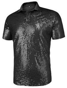 PRICES MAY VARY. 【Stretchy Material】: This mens disco top is made of 100% polyester, which is a stretchy material that provides comfortable wear throughout the day. The breathable lined mesh helps keep you cool, making it suitable for wearing in various settings. Additionally, it is easy to put on and take off. 【Unique Design】: Our sequin disco polo shirt features a double-layered design that includes a sequin-covered outer layer and a full mesh-lined inner layer. The mesh layer provides added c Black Stretch T-shirt For Party, Summer Party Shirt With Stretch, Fitted Short Sleeve Shirt For Night Out, Summer Party Stretch Shirt, Stretch Summer Party Shirt, Fitted Collared Shirt For Party, Fitted Black T-shirt For Party, Fitted Short Sleeve Party Shirt, Fitted Disco T-shirt For Summer