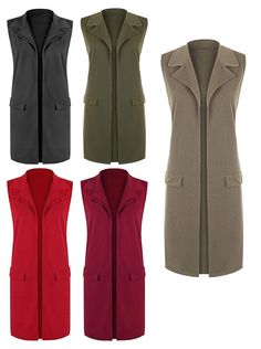 Product Specification Ladies Comfy Sleeveless Open Front Jacket Womens Faux Side Pockets Cardigan Long Waistcoat Item Conditions: New Ladies Comfy Sleeveless Open Front Jacket  Womens Faux Side Pockets Cardigan Long Waistcoat Very Good Quality Fabric To Use For All Occasions Style: Sleeveless Cardigan Waistcoat  Theme: Casual Wear Neck Line: Collared Sleeve Type: Sleeveless   Available Colors: Black, Green, Mocha, Red, Wine Available Sizes: UK 14-28 = US 10-24 Material: 95% Polyester, 5% Elastan Solid Color Fall Vest With Pockets, Sleeveless Solid Outerwear For Work, Long Waistcoat, Plain Cardigan, Open Front Jacket, Sleeveless Cardigan, Pocket Cardigan, Long Vests, Long Blazer