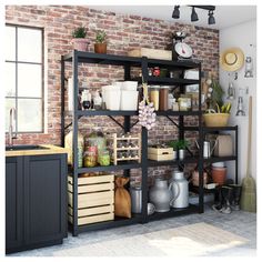 an open shelving unit in a kitchen with pots and pans