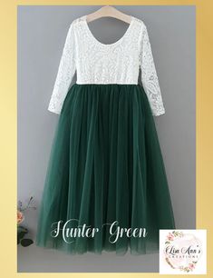 Hunter Green Flower Girl Dress Spring Bridesmaid Princess Dress With Lace Trim, Elegant Tulle Princess Dress For Garden Party, Summer Long Sleeve Tulle Tutu Dress, Spring Wedding Tutu Dress With Lace Bodice, Green Bridesmaid Dress With Lace Trim, Spring Lace Princess Dress For Confirmation, Elegant Green Tutu Dress For Spring, Green Princess Dress For Bridesmaids, Elegant Summer Princess Dress For Confirmation