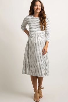 Ivory Ribbed Striped Maternity Midi Dress – PinkBlush Casual Maternity Dress, Maternity Midi Dress, Casual Maternity, Maternity Maxi, Stylish Maternity, Pregnancy Outfits, Pregnancy Maxi Dress, Pink Blush Maternity, Pleated Midi Dress