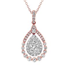 This lovely pear-shaped pendant is garnished with 60 round diamonds  at approximately .74 carat total weight. The pendant measures one inch long  is crafted of quality 14 carat rose and white gold and hangs from a matching 24-inch adjustable cable chain. Rose Gold Teardrop Diamond Necklace Fine Jewelry, Fine Jewelry Rose Gold Teardrop Diamond Necklace, Rose Gold Teardrop Pendant Diamond Necklace, Rose Gold Teardrop Diamond Necklace, Rose Gold Teardrop Halo Jewelry, Unique Diamond Pendant, Pear Shaped Pendant, Diamond Pendent, Diamond Pendants Designs