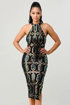 Look your best in this stunning halter midi dress, featuring a distinct diamond pattern adorned with alluring sequins. Perfect for any formal event or night out, this flattering style will make you the center of attention. Lux pattern Sequins Halter Sleeveless Bodycon Slitted Midi dress 50%polyester 50%pet Sequin Halter, Midi Dress Style, Halter Midi Dress, Look Your Best, 50's Dress, Midi Dress Bodycon, Diamond Pattern, Formal Event, Halter Dress