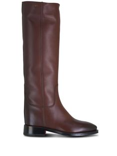 brown leather almond toe slip-on style block heel knee-length Classic Mid-calf Boots With Square Toe In Calf Leather, Classic Leather Mid-calf Boots, Classic Calf Leather Knee-high Boots With Square Toe, Chic Brown Knee-high Boots For Business, Brown Calf Leather Knee-high Boots With Square Toe, Brown Square Toe Calf Leather Knee-high Boots, Classic Knee-high Boots With Square Toe And Leather Sole, Brown Square Toe Knee-high Calf Leather Boots, Classic Mid-calf Boots With Leather Sole For Business