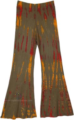 Embrace the 70's revival with peace, love and bellbottoms! These groovy green tie dye bellbottoms have a retro flared silhouette that flatters hips and elongates legs thanks to the rayon-spandex stretch fabric that contours your shape.  At the waist, a comfy elastic closure ensures the perfect fit. #tlb #SplitSkirtsPants #Misses #Yoga #vacationclothing #beachwrap #TieDye #bohemianfashion #widelegtiedyepants #hippietiedyepants Multicolor Flare Cotton Bottoms, Multicolor Cotton Flare Bottoms, Summer Hippie Wide Leg Flares, Hippie Wide Leg Summer Flares, Hippie Wide Leg Flares For Summer, Hippie Style Wide Leg Summer Flares, Fall Cotton Flares With Flared Hem, Spring Hippie Wide Leg Flares, Hippie Wide Leg Spring Flares