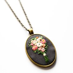 PRE-ORDER: Estelle's Hand Embroidered Bouquet Necklace | Embroidered Necklace Jewelry | Bridal Party Floral Embroidered Flower Jewelry For Weddings, Embroidered Bouquet, Hand Embroidered Pendant, Embroidered Jewellery, Hand Embroidered Jewelry, Embroidered Necklace, Jewellery Vintage, Gold Pendant Jewelry, Embroidered Wedding