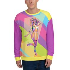 As vibrant and full of personality as Trixie Mattel herself, this WPAP style All-Over Print Sweatshirt will be a bold addition to your wardrobe. With striking, geometric shapes of vivid colors added to a stunning photograph of Trixie Mattel at RuPaul's Drag Race, this All-Over Print Sweatshirt celebrates one of the most powerful drag queens in America. Digitally hand drawn using Adobe Illustrator and printed on soft, but durable polyester fleece makes this sweatshirt an amazing choice for everyd Multicolor Crew Neck Sweatshirt With Cartoon Print, Multicolor Tops For Pride Streetwear, Multicolor Tops For Streetwear During Pride, Multicolor Tops For Streetwear And Pride, Fun Multicolor Pride Tops, Fun Multicolor Tops For Pride, Playful Multicolor Graphic Print Sweatshirt, Multicolor Crew Neck Top For Rave, Playful Multicolor Sweatshirt For Streetwear