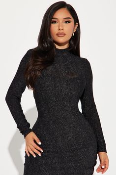 Available In Black/Silver. Metallic Midi Dress Mock Neck Long Sleeve Asymmetrical Hem Stretch Body: 100% Polyester Lining: 100% Polyester Imported | Willow Metallic Midi Dress in Black/Silver size Large by Fashion Nova Date Night Fashion, Night Fashion, Mock Neck Long Sleeve, Asymmetrical Hem, Black Midi Dress, Asymmetric Hem, Silver Fashion, Mock Neck, Black Silver