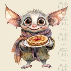 a painting of a small creature holding a pie