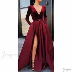 Elegant Burgundy Evening Gown with Deep V-neck, Long Sleeves, and Flared Skirt Fitted V-neck Evening Dress For Winter, Winter Evening V-neck Dress, Winter Prom V-neck Evening Dress, Burgundy Fitted V-neck Maxi Dress, Burgundy V-neck Maxi Dress For Night Out, Winter Formal V-neck Evening Dress, V-neck Winter Formal Evening Dress, Fitted Burgundy V-neck Evening Dress, Fall Prom V-neck Evening Dress