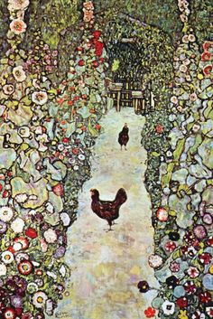 a painting of chickens walking down a path in a garden with lots of flowers and trees