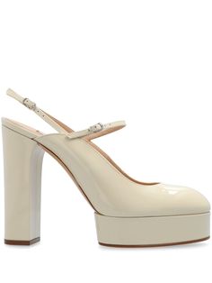 light beige calf leather buckle-fastening ankle strap round toe high block heel platform sole branded leather insole Cream Ankle Strap Heels With Buckle, Cream Ankle Strap Heels With Buckle Closure, Luxury Round Toe Slingback Pumps, Cream Patent Leather Platform Heels, Cream High Heel Calf Leather Heels, Calf Leather Platform Heels With Ankle Strap, Cream Calf Leather High Heels, Beige Patent Leather Platform Heels, Cream Heels With Buckle Closure And Open Heel