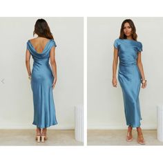 Fortunate One Satin Cap Sleeve Cowl Back Dress Size S Fitted Blue Sheath Maxi Dress, Blue Fitted Sheath Maxi Dress, Fitted Light Blue Satin Midi Dress, Blue Fitted Dinner Dress, Elegant Light Blue Satin Midi Dress, Elegant Light Blue Maxi Dress For Date Night, Elegant Light Blue Midi Dress For Date Night, Blue Midi Dress For Summer Dinner, Blue Summer Midi Dress For Dinner