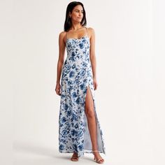 Abercrombie Blue & White Camille Tie Back Gown Size Xsp Nwt Long Maxi Gowns, Blue Floral Midi Dress, Abercrombie And Fitch Dresses, Spaghetti Strap Maxi Dress, Full Length Dress, Dress Inspo, Georgette Fabric, Flowy Skirt, Floral Midi Dress