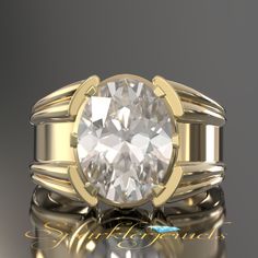 a white diamond ring with two yellow gold bands on the sides and an oval cut diamond in the center