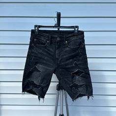 Never Worn American Eagle Flex Black Jeans, Shorts, Size 28 Washed Black Bottoms With Built-in Shorts, Black Bottoms With Built-in Shorts, Edgy Washed Black Streetwear Shorts, Edgy Black Jean Shorts For Streetwear, Black Knee-length Jean Shorts For Summer, Black Spring Season Shorts, Cutoff Black Jean Shorts For Streetwear, Black Bermuda Shorts With Pockets, Black Cotton Cutoff Shorts