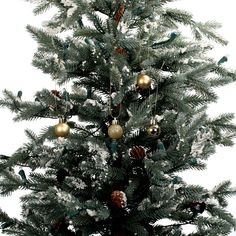 a christmas tree with ornaments hanging from it's branches