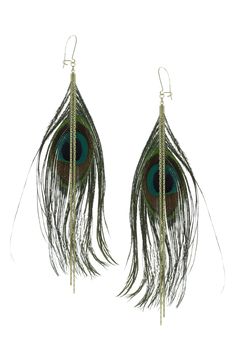 Chain details adorn real peacock feather dangle earrings that are sure to make a statement. French hook back Metal/feather Imported Luxury Peacock Design Earrings For Festive Occasions, Peacock Clothes, Metal Feather, Peacock Feather Earrings, Peacock Jewelry, Zoo Birthday, Peacock Theme, Peacock Earrings, Feather Jewelry