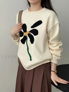 Lasaky - Womens Knit Sweater with Floral Patterning, Long Sleeve Casual Crew Neck, and Fashionable Design. Soft Knit Acrylic Tops For Spring, Spring Beige Acrylic Tops, Cream Acrylic Sweater For Spring, Casual Knit Knitting Pattern, Beige Acrylic Crew Neck Sweater, Casual Beige Acrylic Sweater, Casual Fall Knitting Pattern In Acrylic, Casual Acrylic Knitting Pattern For Fall, Casual Fall Acrylic Knitting Pattern