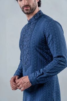 Shop for Punit Arora Blue Modal Geometric Floral Embroidered Kurta Set for Men Online at Aza Fashions Fitted Indigo Salwar Kameez With Straight Kurta, Indigo Designer Straight Kurta, Indigo Designer Wear Straight Kurta, Designer Indigo Straight Kurta, Ceremonial Blue Kurta With Chikankari Embroidery, Formal Cotton Kurta With Zari Work, Traditional Indigo Kurta With Cutdana, Indigo Kurta With Chikankari Embroidery For Festivals, Indigo Long Sleeve Kurta For Diwali