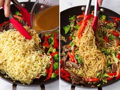 two pictures showing the process of making noodles with broccoli, peppers and mushrooms