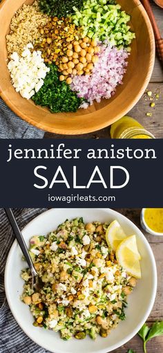 a bowl filled with different types of food and the words, jennynfer anisto salad