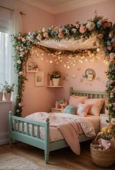 a bedroom with pink walls and flowers on the bed