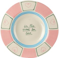 a pink and blue plate with the words i'm the mood for love on it