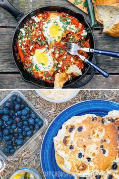 two pictures with different types of food in them and one has eggs on top of it