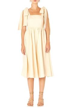 A breezy linen-kissed sundress offers sweet style with bow-tie straps, a fitted bodice and a flowy skirt. Square neck Adjustable tie straps Lined 70% rayon, 30% linen Hand wash, dry flat Imported Spring A-line Midi Dress With Tie Straps, A-line Sundress With Tie Straps, Summer Midi Dress With Tie Back And Square Neck, Summer Midi Dress With Square Neck And Tie Back, Summer Square Neck Midi Dress With Tie Back, Summer Knee-length Dress With Bow Tie Back, Spring Sundress With Tie And Ruffled Straps, Spring A-line Dress With Bow Tie Back, Summer Square Neck Midi Dress For Casual Occasions