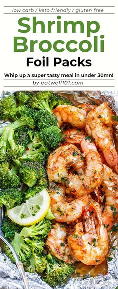 shrimp and broccoli foil packets with lemon wedges on the side for garnish