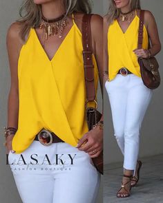 Lasaky - Sophisticated Halter Sleeveless Wrap Tank Top Wrap Tank Top, Elegante Y Chic, Solid Tank Tops, Crop Top Casual, Family Picture Outfits, Halter Tank Top, Chic Type, Y2k Clothes, Estilo Chic