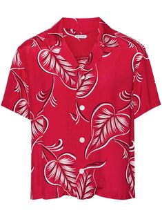 crimson red/white/black all-over leaf print camp collar short sleeves straight hem front button fastening Printed Silk Shirt, City Shorts, Crimson Red, Balenciaga Triple S, Summer Beach Wear, Lace Shirt, Collar Shirt, Leaf Print, Silk Shirt