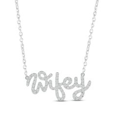 Celebrate the bride-to-be or your better half with this sparkling necklace featuring the nickname "wifey" crafted in a cursive font. Styled in sterling silver, the word art is adorned in radiant round diamonds totaling 1/8 carat in weight for all-over shimmer and shine. The pendant suspends from an 18-inch cable chain that secures with a lobster clasp. Wife Appreciation Day, Cursive Font, Sparkle Necklace, Shimmer And Shine, Shimmer N Shine, Better Half, Accessories Jewelry Necklace, Word Art, Spring Rings