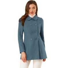 Timeless, sophisticated, and versatile, the regular-fit peacoat is an essential piece for your wardrobe. Cut in a short tailored silhouette with a doll collar, slanted pockets, and double-breasted front black buttons. Wear over chunky knitted jumpers and cute boots for a playful take on cold-weather textures. The fabric of this trench coat is soft, breathable, and comfortable to wear in winter, good quality, and chic. This fashionable and trendy clothes for women can not only be worn daily, but Winter Pea Coat, Blue Clothing, Winter Outwear, Doll Collar, Double Breasted Trench Coat, Long Trench, Long Trench Coat, Collars For Women, Trendy Clothes For Women