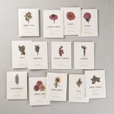 nine seed packets with different types of flowers on them