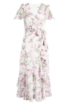 Flowers and flounce sweeten a party-ready dress designed with a gracefully wrapped bodice. Hidden back-zip closure Surplice V-neck Short sleeves Lined 100% polyester Hand wash, line dry Imported Lilac White, Wrap Front Dress, Eliza J Dresses, Floral Wraps, Eliza J, Nordstrom Dresses, Designer Dresses, Bodice, Lilac