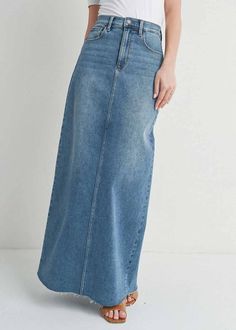 Maxi denim skirt. Back slit. 32" Length. Materials: 93% Cotton, 5% Polyester, 2% Spandex. Model is wearing a size S. Long Denim Skirts, Maxi Denim Skirt, Denim Maxi, Denim Maxi Skirt, Denim Skirts, Home Accents, Denim Skirt, Maxi Skirt, 404 Not Found