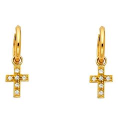 Special earrings set of high quality stunning fashion jewelry in solid 14k Gold. Sought after gift of Womens and Mens for any occasion. Solid 14k Yellow Gold Huggies Cross Dangle Earrings Huggie Hoops CZ Religious Drop Style Fancy 26 x 8 mm. Size: one size.  Color: Metal Type.  Gender: female.  Age Group: adult. Dangle Cross Earrings, Being Prepared, Religious Cross, Cross Earrings, Cross Charms, Pure Gold, Huggies Earrings, Gold Studs, Gold Hoop Earrings