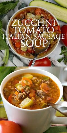 two bowls of zucchini tomato italian sausage soup with tomatoes and cucumbers