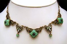 "Gorgeous Vintage Art Deco Nouveau Era Necklace Peking Glass Enamel Foliate Brass Links. Marks-None. Necklace is 15 1/2\" Long with an Early Spring Ring Clasp. Condition is Excellent with No Flaws and Light Aging of the Findings." Handmade Antique Enamel Necklaces, Vintage Enamel Necklaces With Lobster Clasp, Paint Bar, Unique Brooch, Art Deco Lighting, Art Deco Necklace, Wedding Jewellery Necklace, Early Spring, Vintage Art Deco