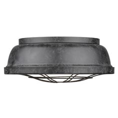 an industrial style light fixture with black iron finish and round glass shade, hanging from the ceiling