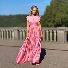 Women Keyhole Dress, Pink Maxi Dress, Tiered Floor Length Dress > Dress length: 153cm > Composition: 95% polyester 5% elastane Model wears size 36/XS, color -Rose- ➤ Sizing My Size Guide in FAQ section below will help you define the perfect size match.  ➤ Delivery Your item is made-to-order and will be ready within 2-7 days.  Average delivery times: > Europe: up to 1 week > North America: up to 1-2 weeks > New Zealand, Australia and other countries: up to 2-3 weeks, but sometimes it takes few mo Pink Floor-length Maxi Dress For Wedding Guest, Pink Satin Evening Dress For Wedding Guest, Pink Satin Floor-length Maxi Dress, Pink Long Evening Dress For Wedding Guest, Formal Pink Short Sleeve Maxi Dress, Pink Short Sleeve Bridesmaid Dress For Party, Fitted Pink Bridesmaid Dress With Ruffles, Pink Floor-length Bridesmaid Dress For Spring, Spring Pink Bridesmaid Dress With Ruffles